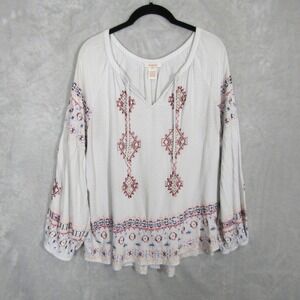Sundance Embroidered Peasant Top Petite Large PL White Boho Blouse